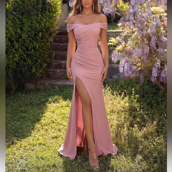 Elegant Pink Off Shoulder Slit Thigh Party Wedding Evening Gown